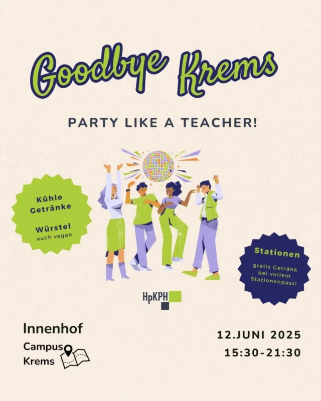 🎓 Abschied vom Campus Krems 💚
Wir sagen Danke, Krems – für viele Erinnerungen, Begegnungen und besondere Momente.
Bevor die KPH endgültig nach St. Pölten zieht, feiern wir ein letztes Mal gemeinsam dort, wo alles begonnen hat. 🏛️✨

📍Campus Krems
📅 Donnerstag, 12. Juni 2025 | ab 15:30 Uhr
🎉 Mit Musik, guter Stimmung, Snacks & kühlen Getränken 🥂🍻🌭🍰

Kommt vorbei und lasst uns gemeinsam Abschied nehmen! 

Wir freuen und auf DICH!

DEIN HpKPH-Team 💚

#AbschiedKrems #CampusKrems #KPHWienNÖ #LebewohlKrems #Krems